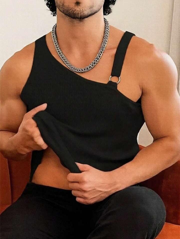Men's Solid Color Oblique Shoulder Sleeveless Slim Fit Casual Asymmetrical Hollow Out-Tank Top